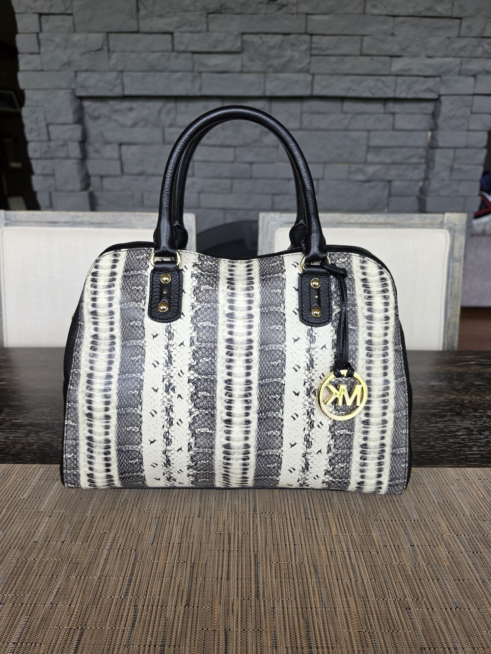 Michael Kors Black and Cream Python Satchel with Gold Charm